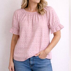Universal Thread Pink Eyelet Blouse Size L Puff Sleeve Casual Top